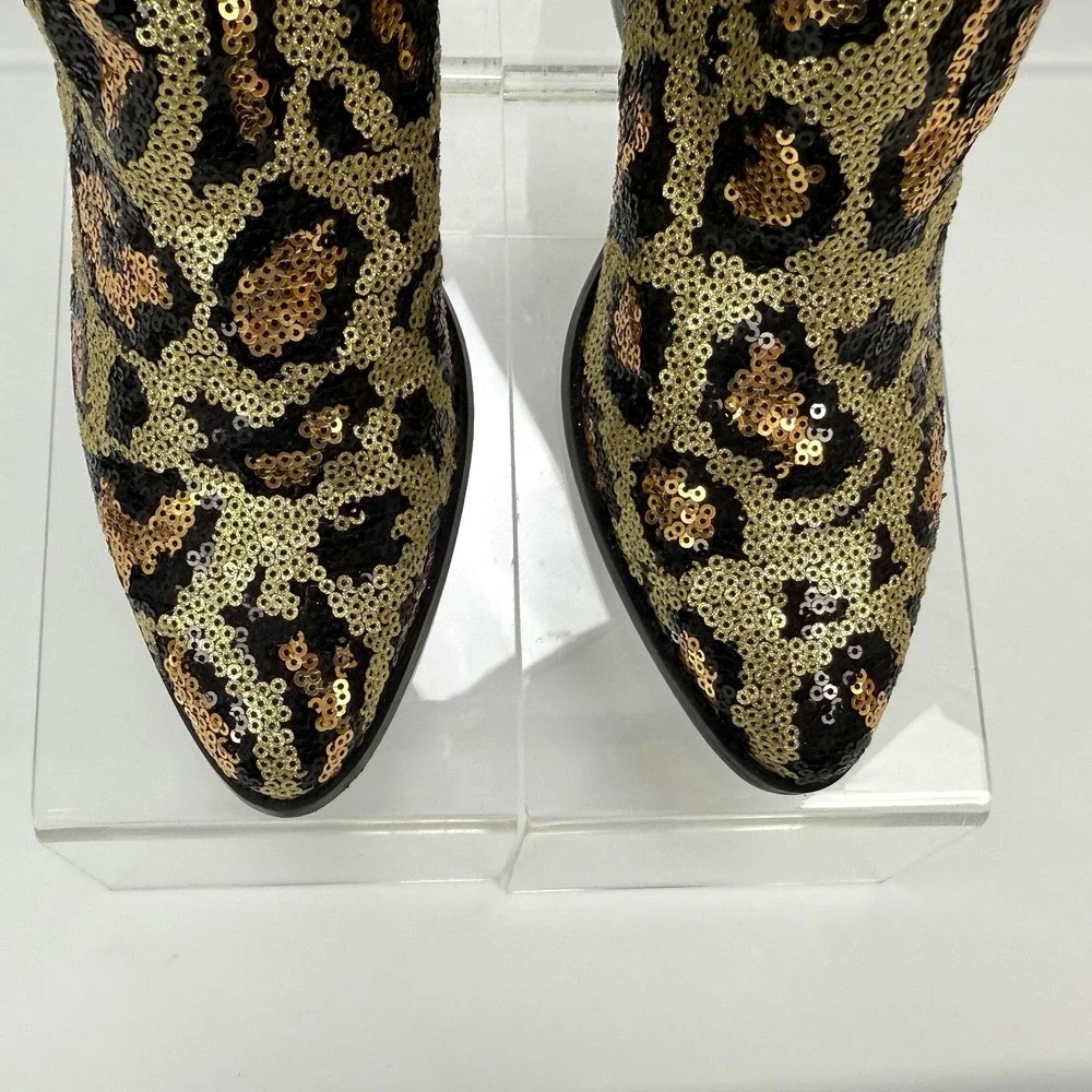 Betsey Johnson Cowboy Boots‎ Lucki Leopard Sequin Sz 6 Animal Print Cowgirl Glam